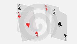 Four aces playing cards poker game. Realistic 3D gambling games symbols. Clubs and spaces, hearts and diamonds casino poker card.