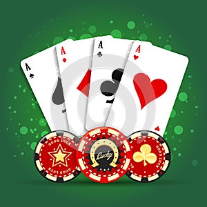 Four aces playing cards spades hearts diamonds clubs and casino chips illustration