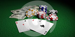 Four Aces, Poker Chips and Dollars