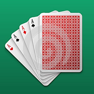 Four aces poker playing card on game table. Casino big win gamble vector background