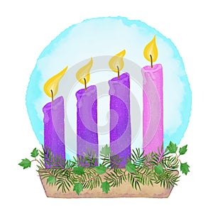 Four Advent candles decorated with fir tree twigs