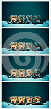 Four Advent candles in the snow, collage Advent