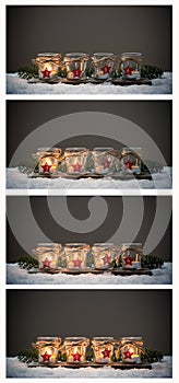 Four Advent candles in the snow, collage Advent