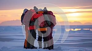 Four adventurers huddle together for warmth on a frozen tundra backs to the camera. Despite the challenging conditions .