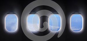 Four airplane windows open white window shutter wide with blue sky view. plane portholes usable for banners, brochures in tourism