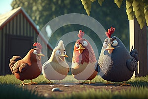 The Four Amigos: Funny Chickens Arguing on the Farm
