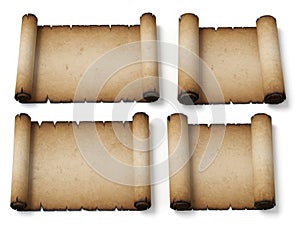 Four ancient scrolls isolated on white background