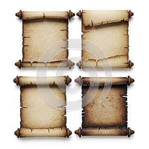 Four ancient scrolls isolated on white background