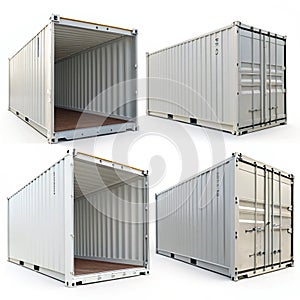 Four angles of empty shipping containers isolated
