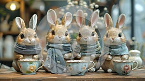 Four anthropomorphic rabbits wearing scarves and holding teacups