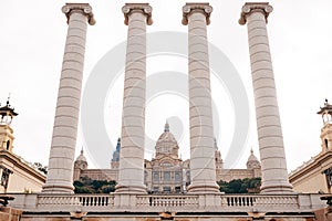 Four antique Columns of Puig-i-Kadafalka, near the Magic Fountain of Montjuic and the National Palace in Barcelona. A