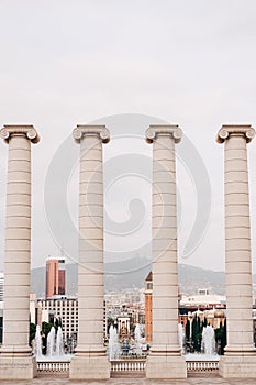 Four antique Columns of Puig-i-Kadafalka, near the Magic Fountain of Montjuic and the National Palace in Barcelona. A