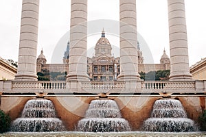 Four antique Columns of Puig-i-Kadafalka, near the Magic Fountain of Montjuic and the National Palace in Barcelona. A