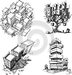 Four architectural sketches of architecture