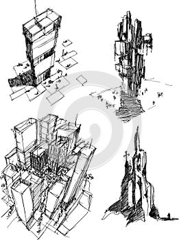 Four architectural sketches of architecture