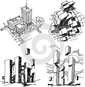 Four architectural sketches of architecture