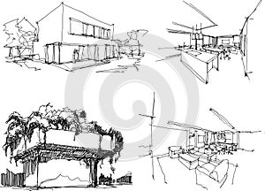 four architectural sketches of modern architecture and interiors