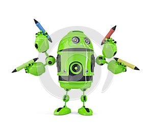 Four-armed 3d robot with pencils. Multitasking concept. Isolated. Contains clipping path