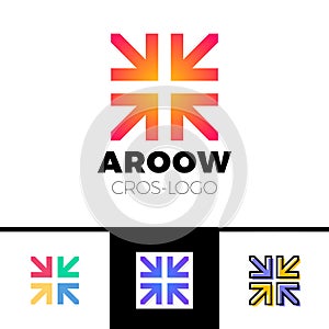 Four arrows logo form cross or plus graphic concept, intersection 4 directions creative emblem