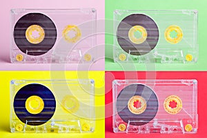 Four audio cassettes on difrent backgrounds