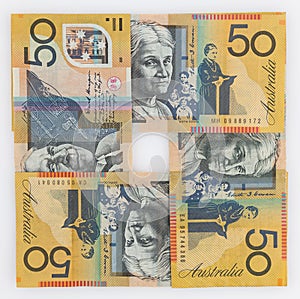 Four 50 Australian dollar bills in a square arrangement