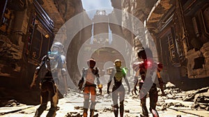 Four avatars each dressed in unique and futuristic apparel move through the ruins in unison with their backs to the
