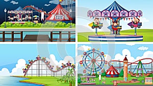 Four background scenes with happy monkeys in the circus park