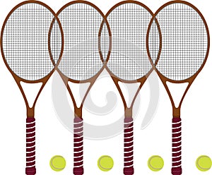 four Badminton Racket rackets bats and balls. on white background