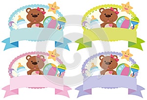 Four banner design with teddybear and toys