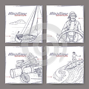 Four banners with old captain, navigational instruments, sailboat and surfer sketch. Maritime adveture series.