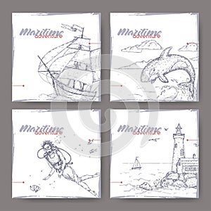 Four banners with tall ship, lighthouse, scuba diver and jumping whale sketch. Maritime adveture series.