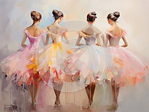 Four beautiful ballerinas, back view. Young women dancing. Colorful printable digital oil painting in pink tones, modern