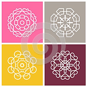 Four beautiful circular ornament. Mandala.Stylized flowers. Set of vector logos.