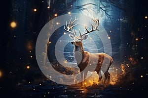 Four beautiful deer in the forest with illuminating fireflies, Generative Ai