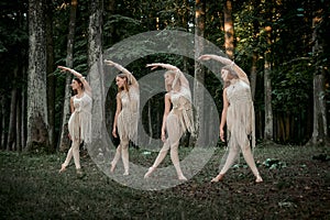 Four beautiful slender young female dancers dance synchronously in the forest.