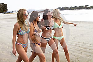 Čtyři krásný mladý ženy těší pláž 
