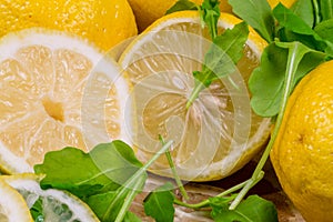 Four beautifully colored lemons on a canvas with green salad