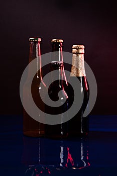 Four beer bottles on a black and purple background with reflections on a shiny blue surface