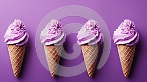 Four berry ice creams in cone isolated on lilac background, sweet banner, Generative AI