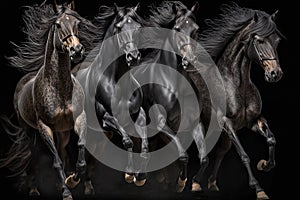 Four big black horses on black background, AI generative