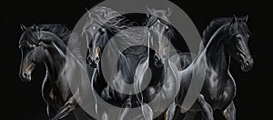 Four big black horses on black background, AI generative