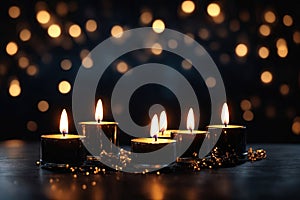 Four big different burning candles. Bright light on dark background. RIP darkness template