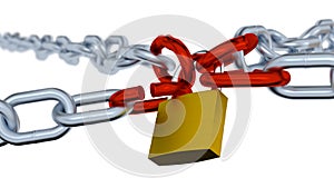 Four big Red Links locked by a Padlock with Four Chains