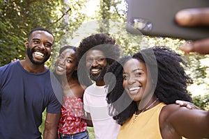 Four black adult friends take a selfie during a forest hike