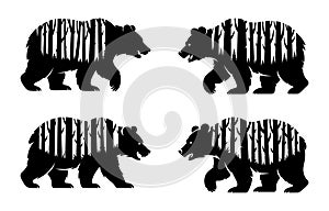 Four Black Bears Silhouettes Filled with Forest Trees