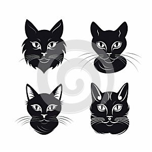 Four Black Cat Head Icons In The Style Of Black And White Portraits