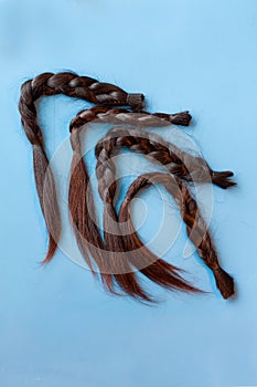 Four black chopped-off braids of human hair in a heart shape