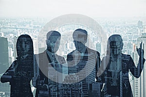 Four black entrepreneur silhouettes standing and thinking with a city view in the background, teamwork and partnership concept.