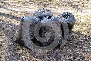 Four black garbage bags with trash on the ground