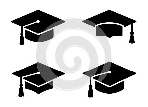 Icon for education, 4 graduation cap illustrations, black, transparent background